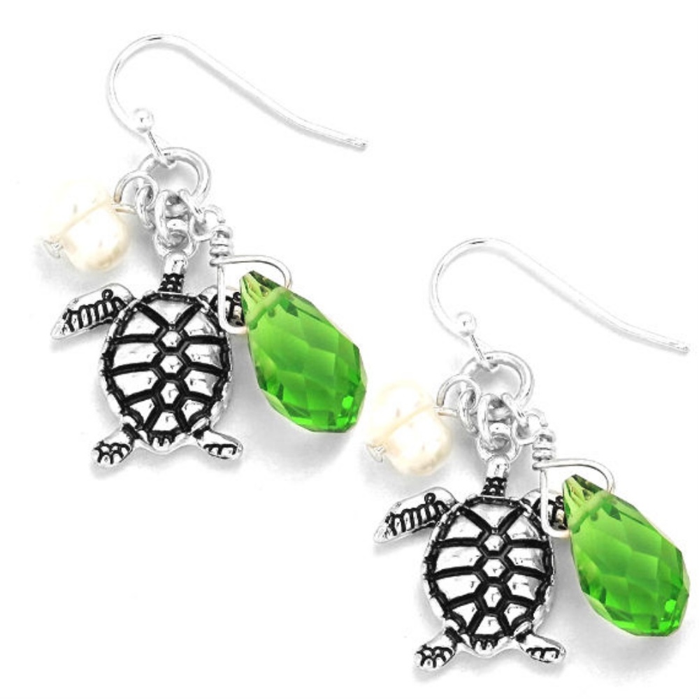 Silver & Green Crystal Turtle Hook Earrings
